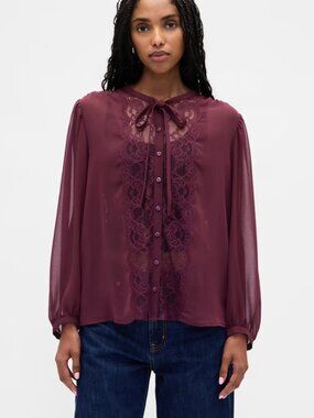 GAP Sheer Lace Inset Tie-Neck Top Sz M